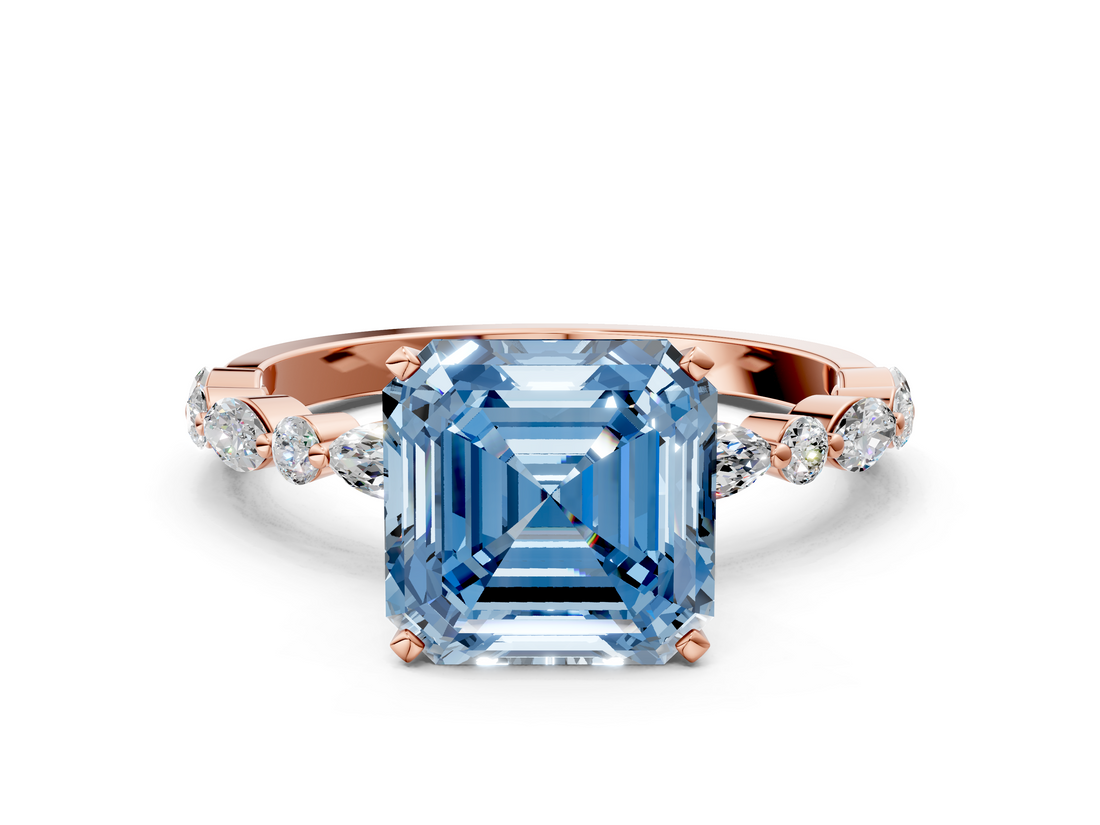Rose gold Fancy Blue Asscher  Solitaire with Side Stones on a Pavé Band and Four-Prong Setting