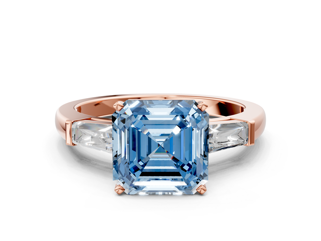 Rose gold Fancy Blue Asscher  Solitaire with Tapered Baguette Side Stones on a Classic Band with Four-Prong Setting