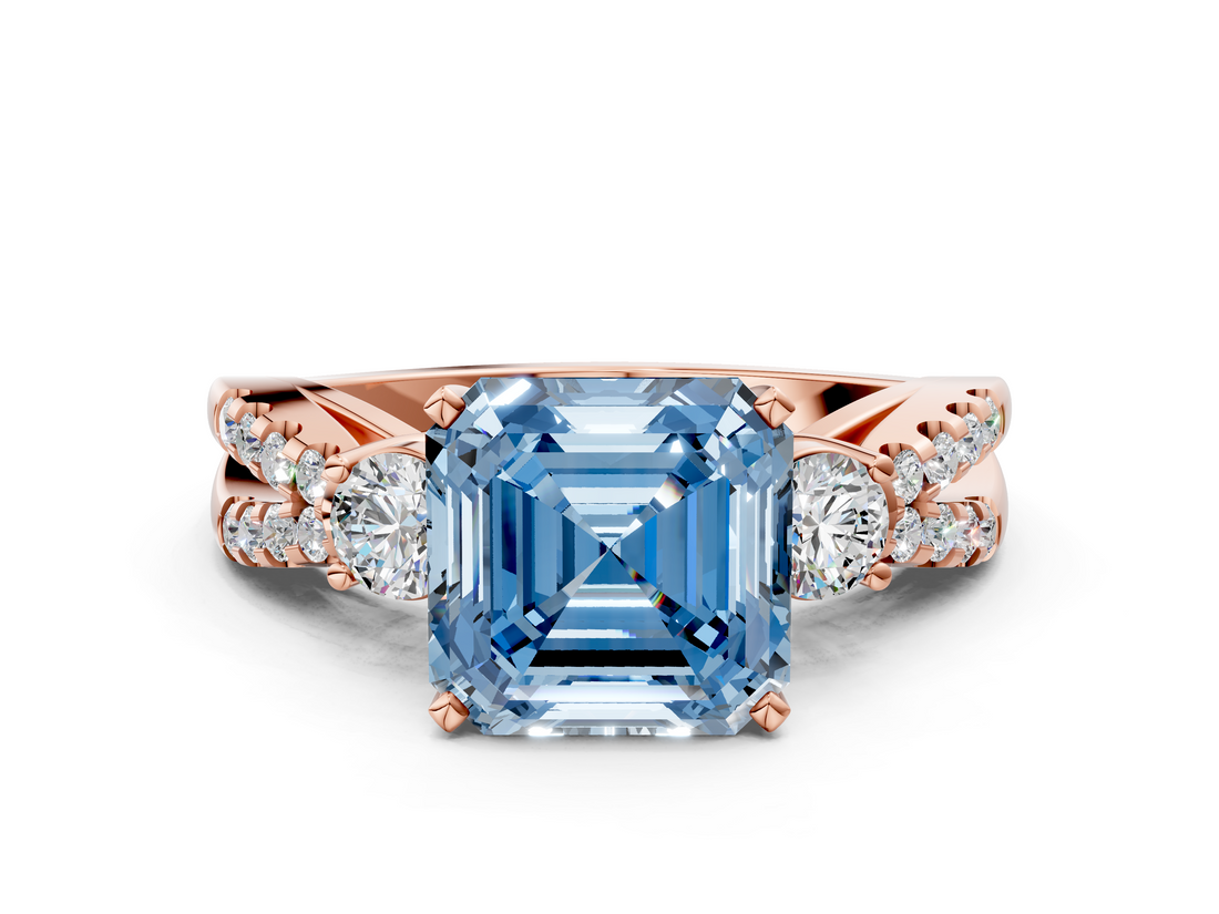 Rose gold Fancy Blue Asscher  Three-Stone Diamond Ring with Pavé Split Shank and Four-Prong Setting_17