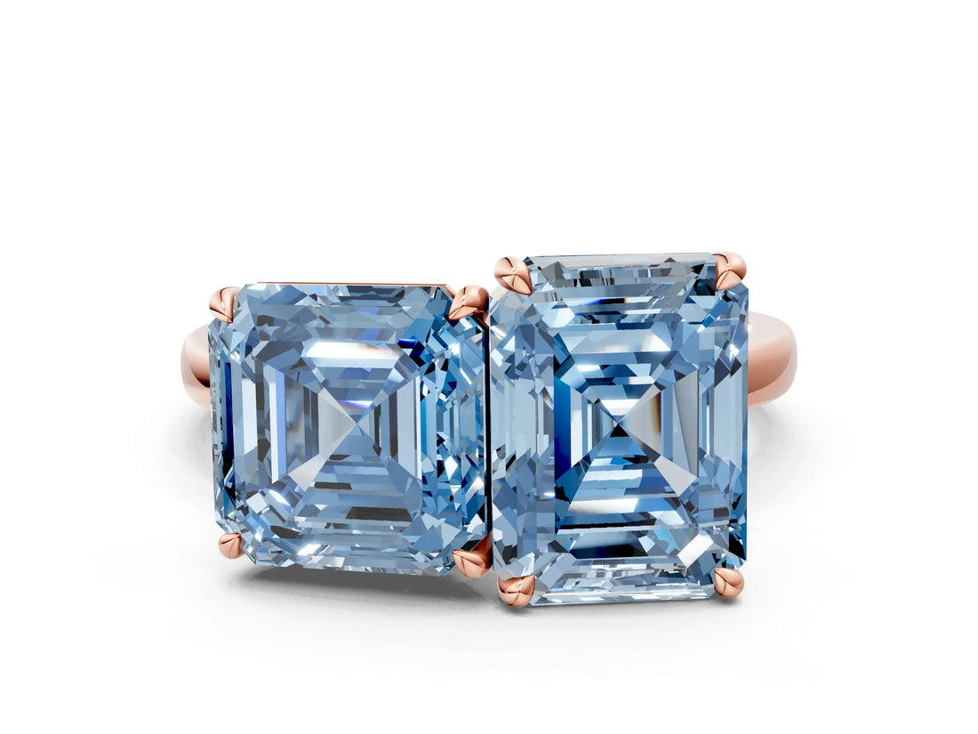 Rose gold Fancy Blue Asscher  and Emerald Cut Toi Moi Ring with Prong Setting_49