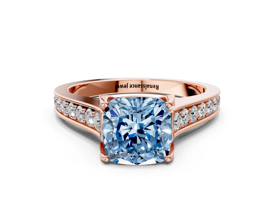Rose gold Fancy Blue Cushion  Brilliant Cut Diamond Engagement Ring with Pavé Band and Four-Prong Setting_49