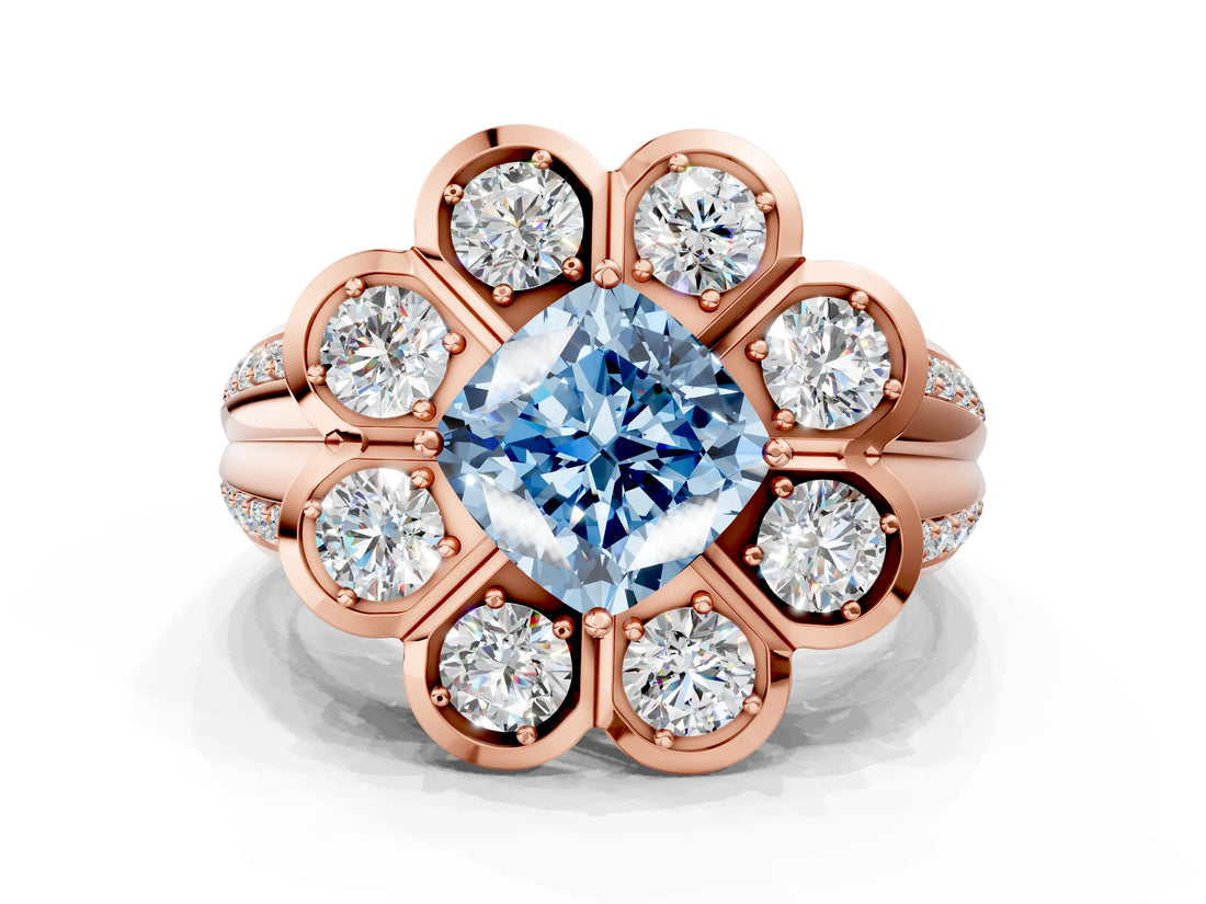 Rose gold Fancy Blue Cushion  Brilliant Flower Halo Diamond Split Shank Ring_123