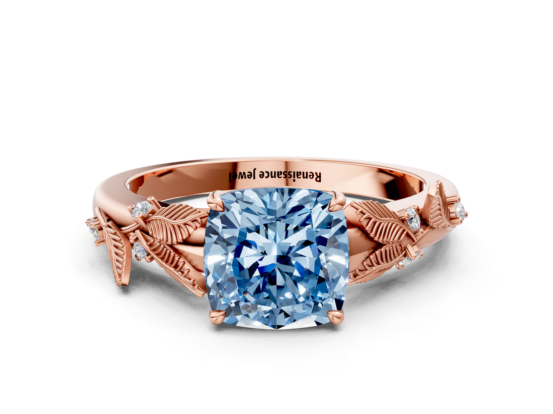 Rose gold Fancy Blue Cushion  Brilliant Solitaire with Leaf Motif Band and Four-Prong Setting_62