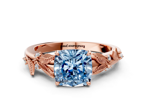 Rose gold Fancy Blue Cushion Cut Diamond Solitaire Ring with Leaf Motif Band and Four-Prong Setting