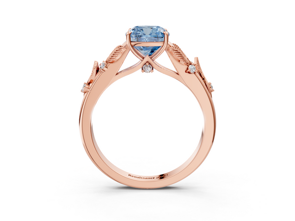 Rose gold Fancy Blue Cushion Cut Diamond Solitaire Ring with Leaf Motif Band and Four-Prong Setting