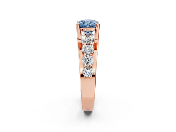 Rose gold Fancy Blue Cushion  Brilliant Solitaire with Side Stones on a Pave Band and Four-Prong Setting