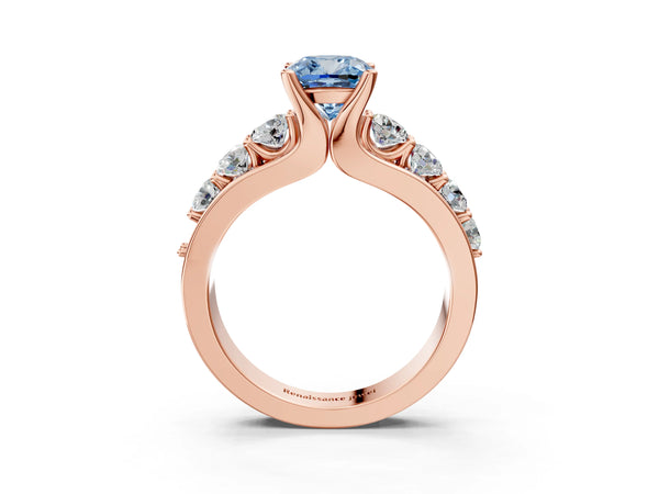 Rose gold Fancy Blue Cushion  Brilliant Solitaire with Side Stones on a Pave Band and Four-Prong Setting