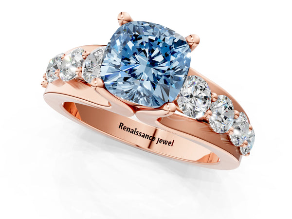 Rose gold Fancy Blue Cushion  Brilliant Solitaire with Side Stones on a Pave Band and Four-Prong Setting