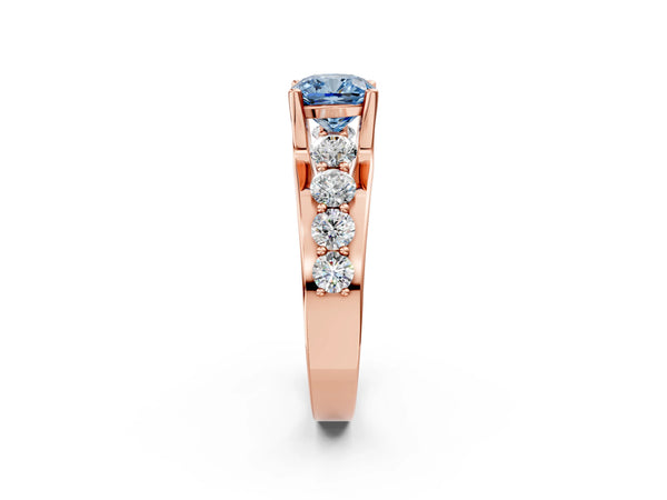 Rose gold Fancy Blue Cushion  Brilliant Solitaire with Side Stones on a Pave Band and Four-Prong Setting
