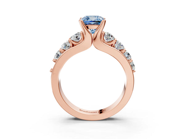 Rose gold Fancy Blue Cushion  Brilliant Solitaire with Side Stones on a Pave Band and Four-Prong Setting
