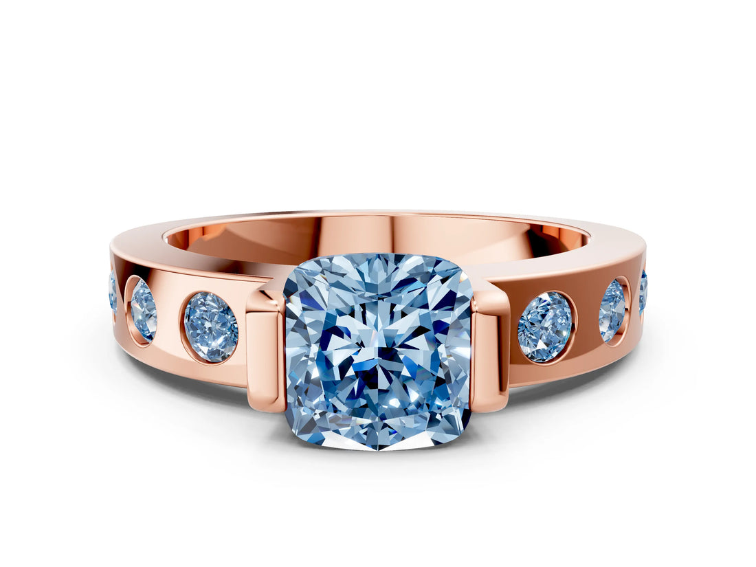 Rose gold Fancy Blue Cushion Cut Brilliant Channel-Set Diamond Ring with Bezel Prong Setting