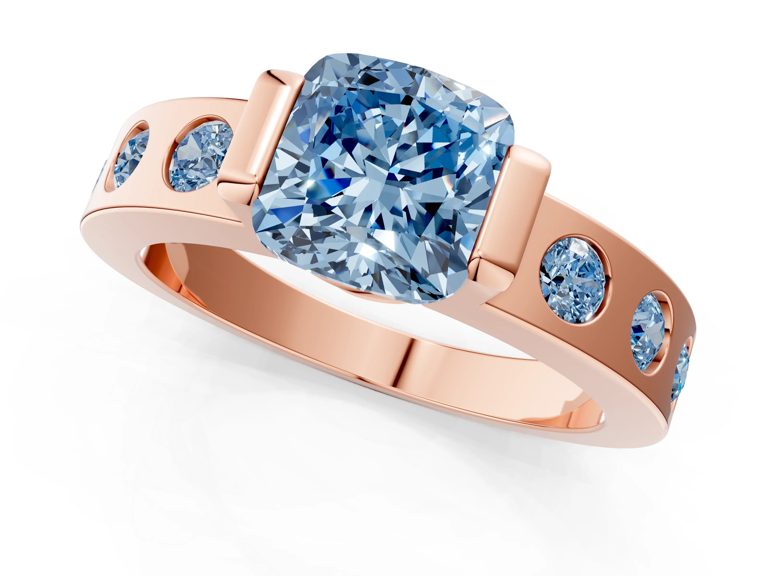 Rose gold Fancy Blue Cushion Cut Brilliant Channel-Set Diamond Ring with Bezel Prong Setting_1