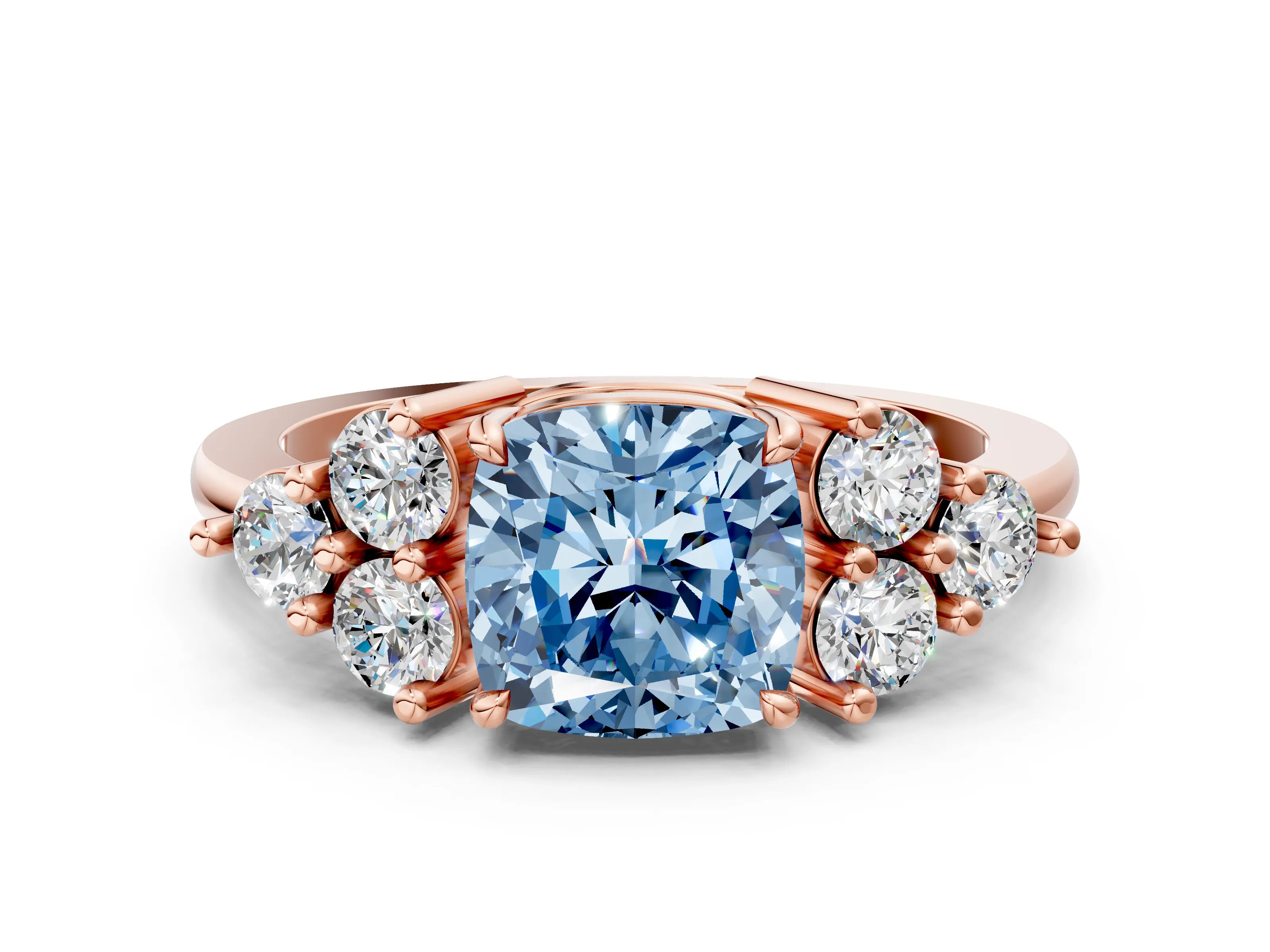 Rose gold Fancy Blue Cushion Cut Brilliant Diamond Cluster Accent Solitaire Ring with Prong Setting
