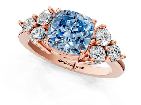 Rose gold Fancy Blue Cushion Cut Brilliant Diamond Cluster Accent Solitaire Ring with Prong Setting_1