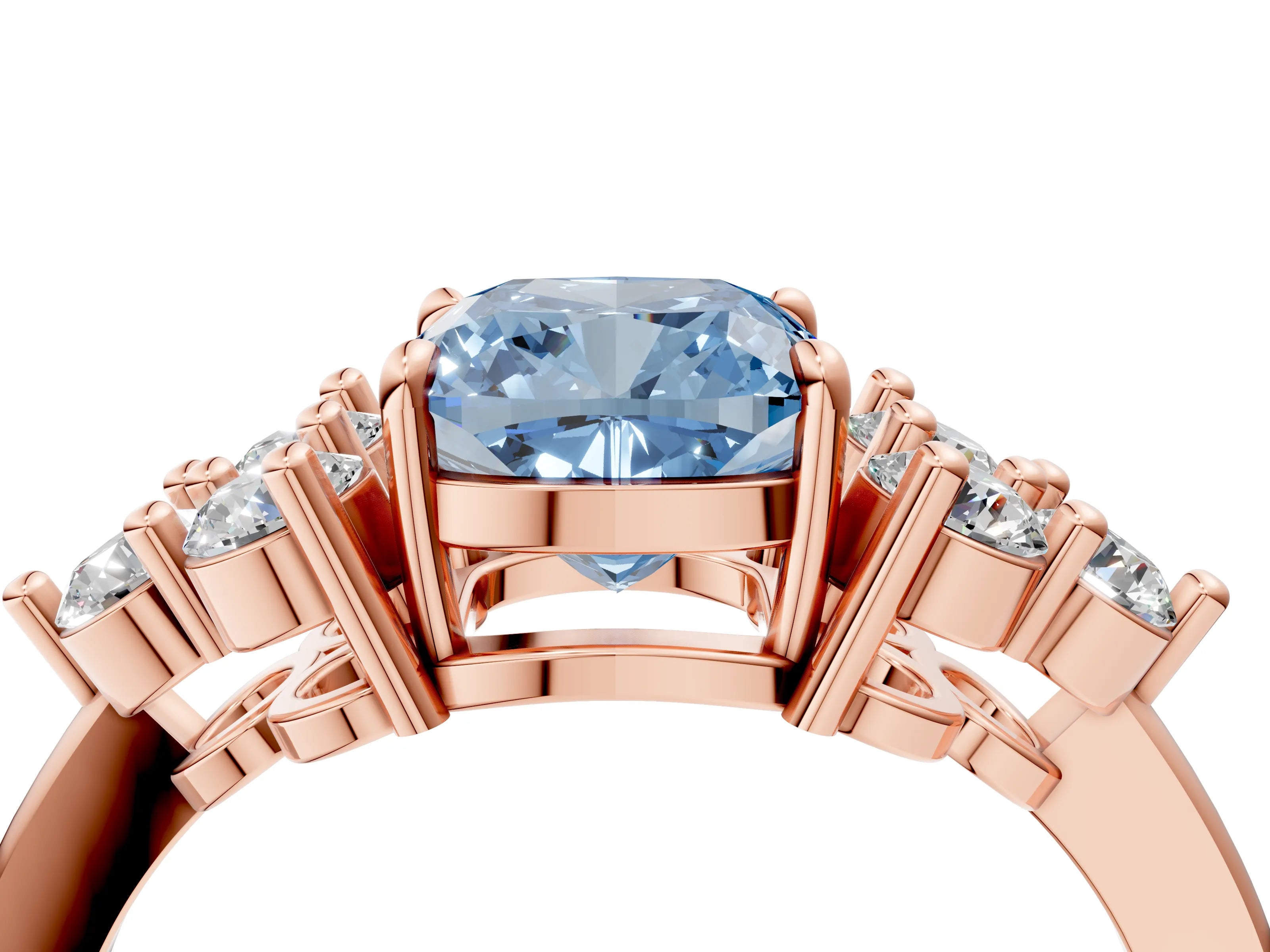 Rose gold Fancy Blue Cushion Cut Brilliant Diamond Cluster Accent Solitaire Ring with Prong Setting_4