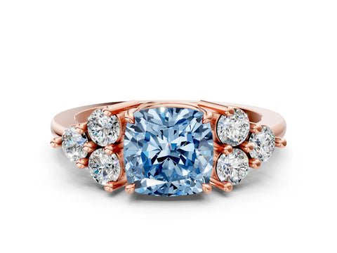 Rose gold Fancy Blue Cushion Cut Brilliant Diamond Cluster Accent Solitaire Ring with Prong Setting
