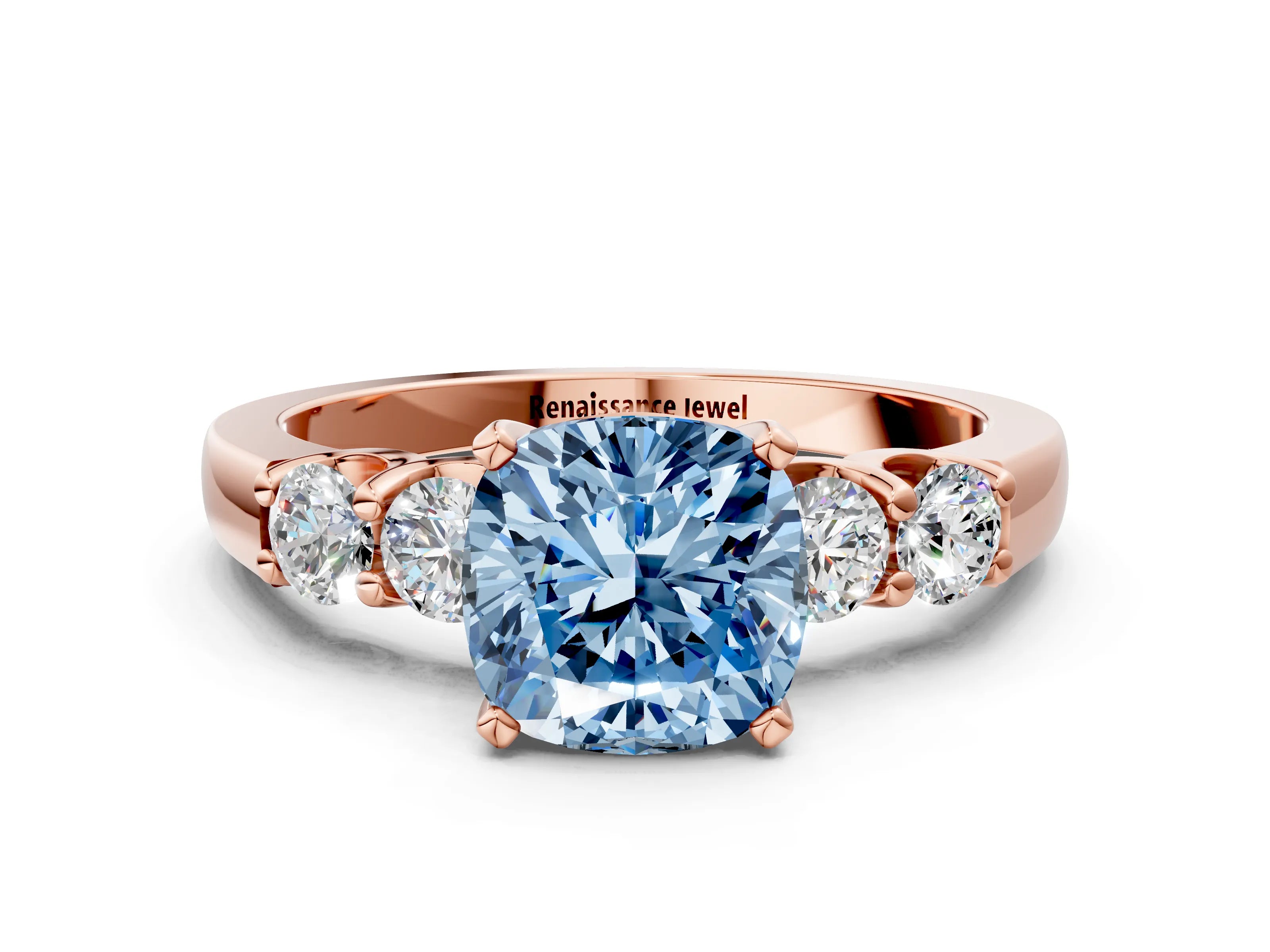 Rose gold Fancy Blue Cushion Cut Brilliant Diamond Five-Stone Engagement Ring with Prong Setting on a Classic Band_3
