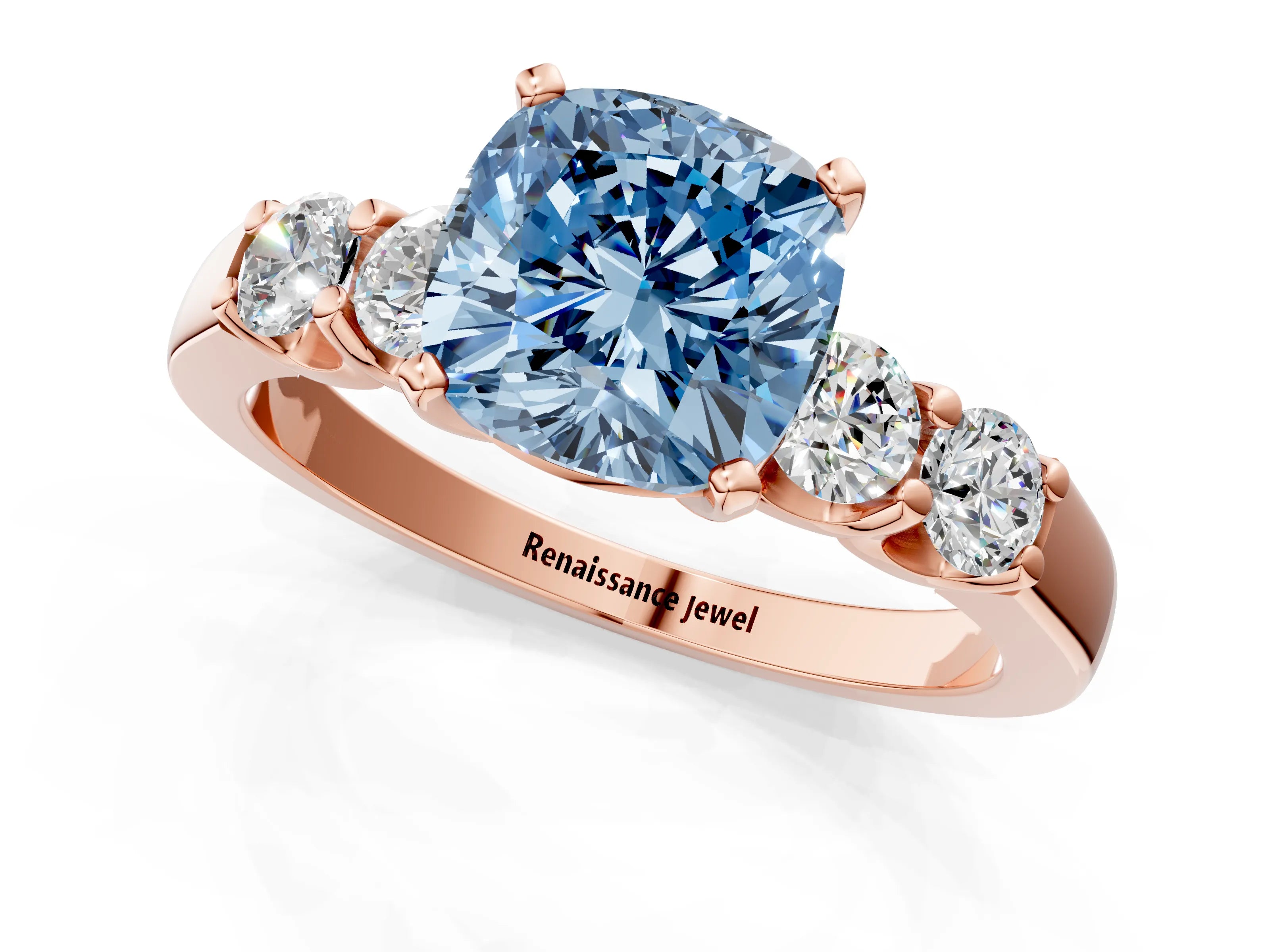 Rose gold Fancy Blue Cushion Cut Brilliant Diamond Five-Stone Engagement Ring with Prong Setting on a Classic Band_4