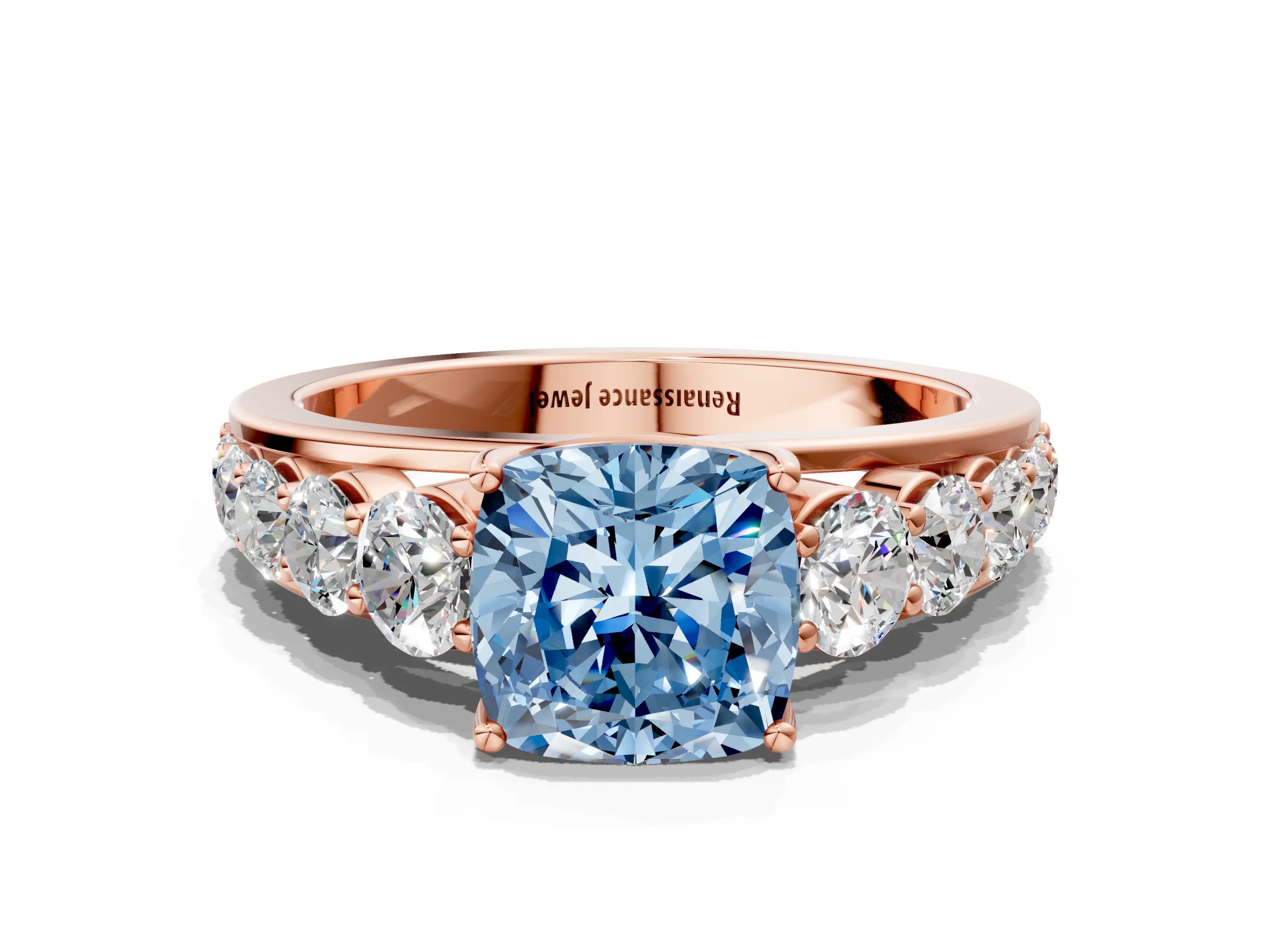Rose gold Fancy Blue Cushion Cut Brilliant Diamond Pavé Band with Six-Prong Setting