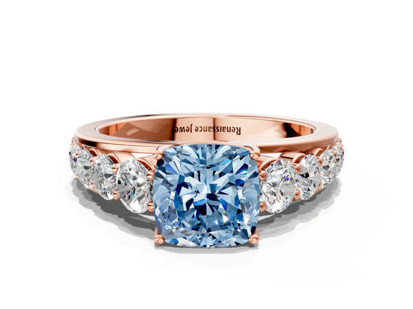 Rose gold Fancy Blue Cushion Cut Brilliant Diamond Pavé Band with Six-Prong Setting