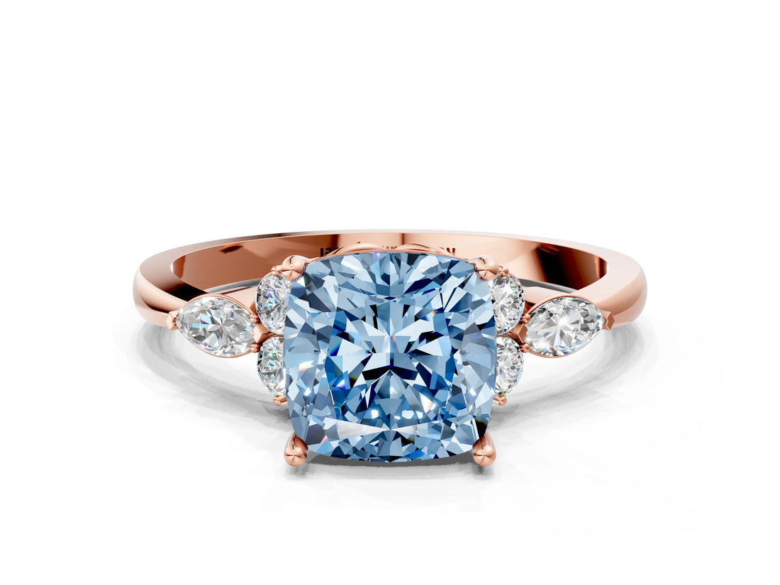 Rose gold Fancy Blue Cushion Cut Brilliant Diamond Solitaire Ring with Pear Side Stones and Four-Prong Setting_3