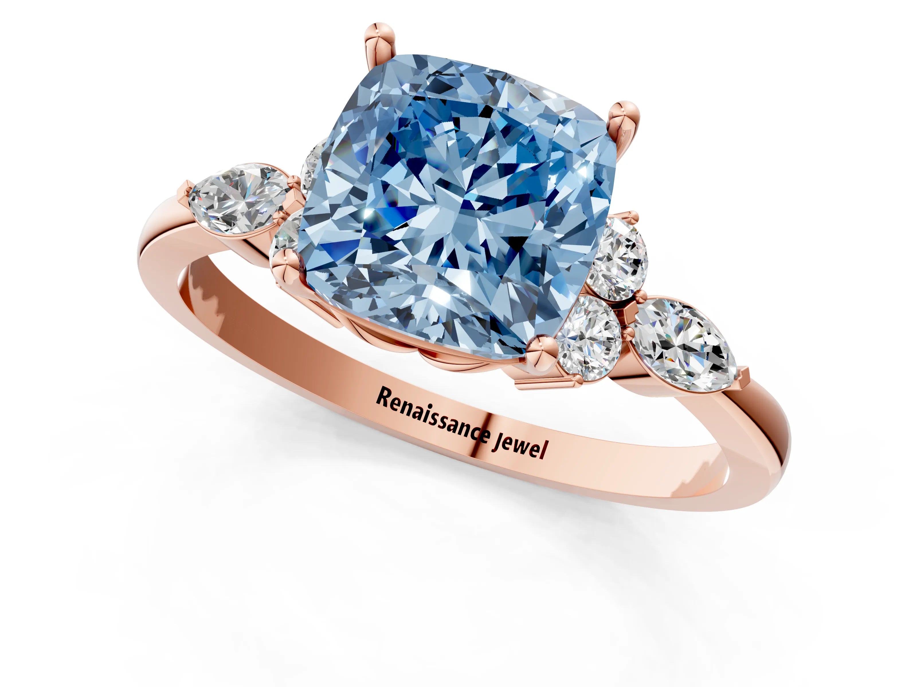 Rose gold Fancy Blue Cushion Cut Brilliant Diamond Solitaire Ring with Pear Side Stones and Four-Prong Setting_4