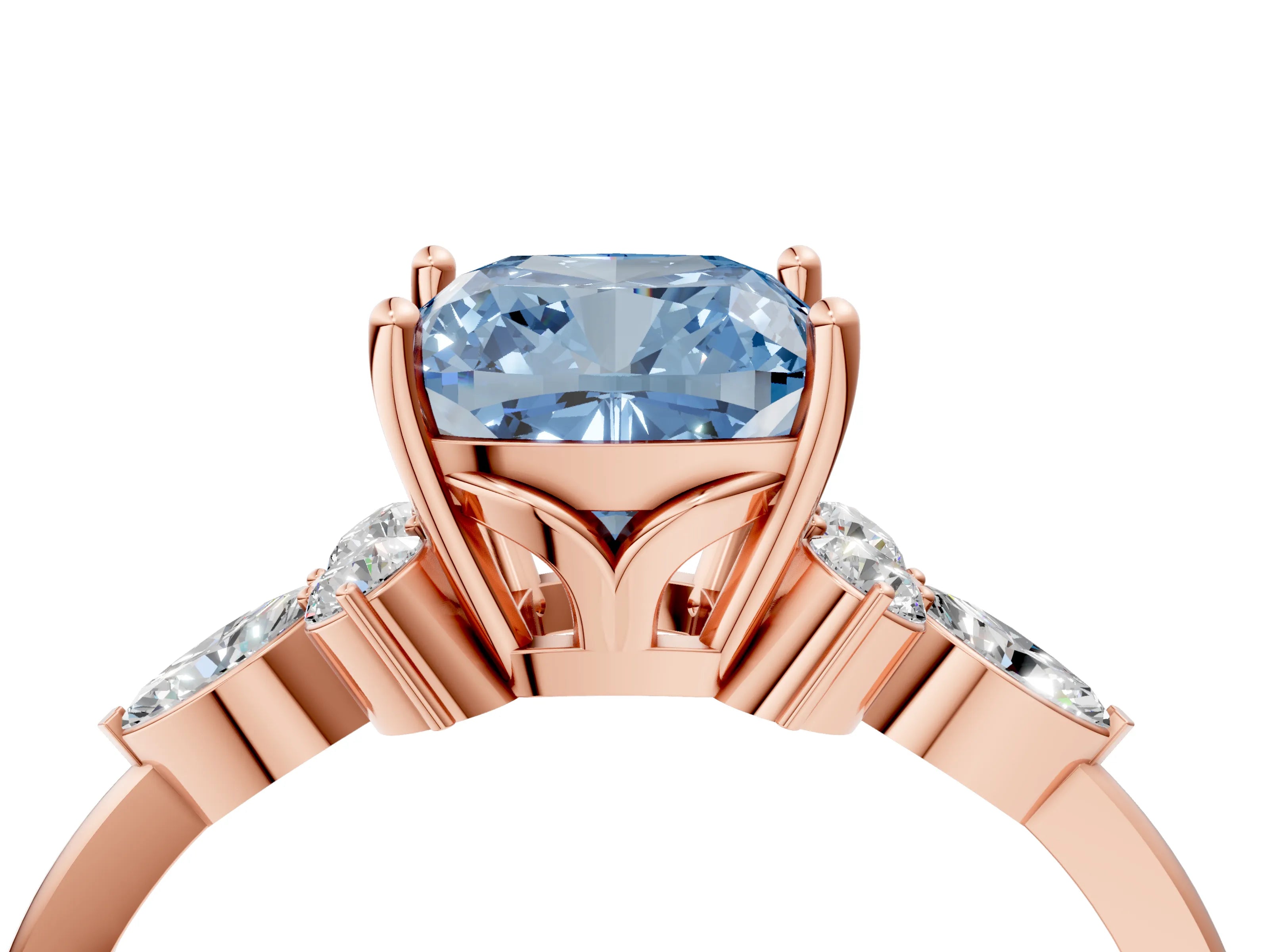 Rose gold Fancy Blue Cushion Cut Brilliant Diamond Solitaire Ring with Pear Side Stones and Four-Prong Setting_7