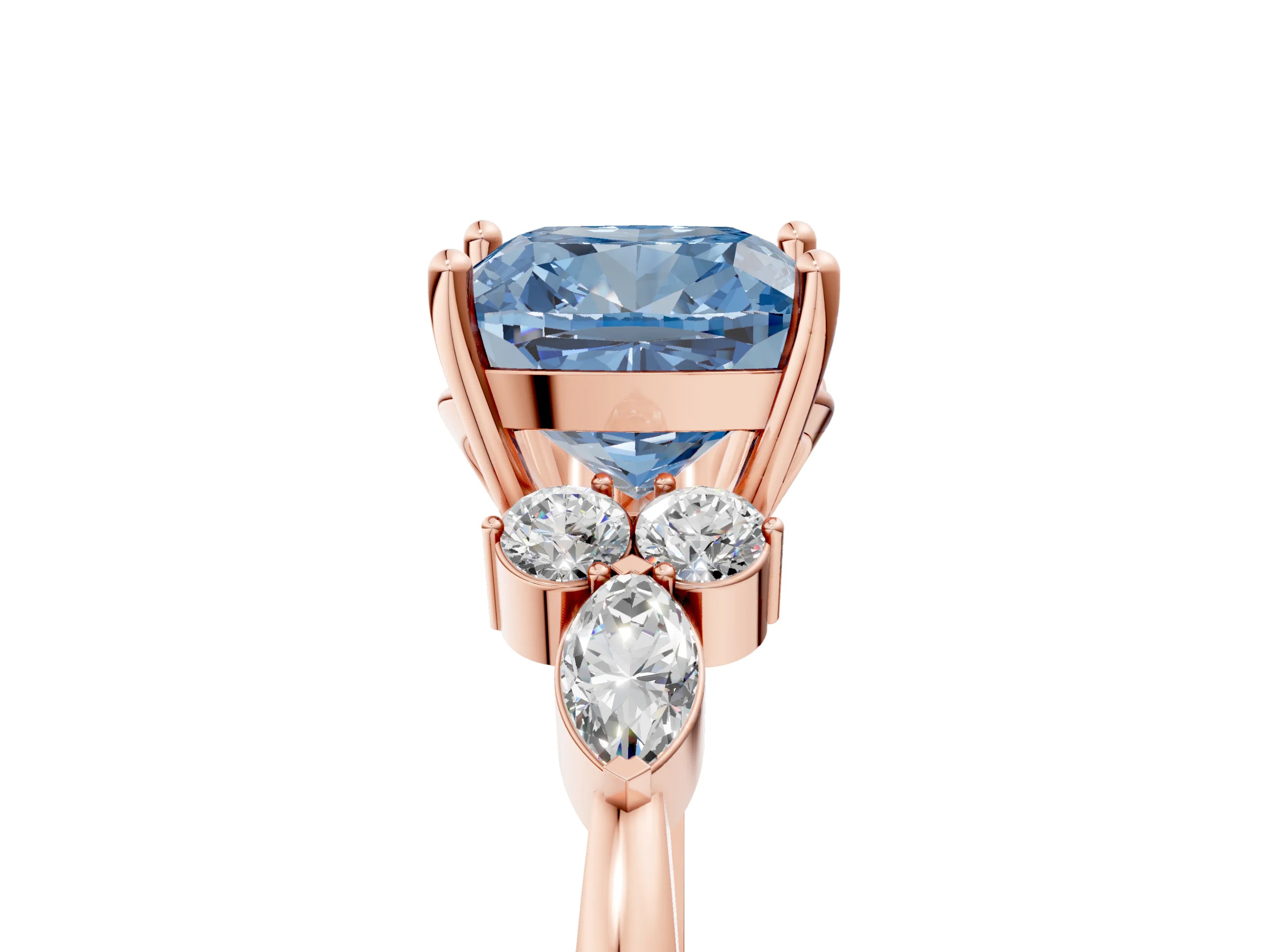 Rose gold Fancy Blue Cushion Cut Brilliant Diamond Solitaire Ring with Pear Side Stones and Four-Prong Setting_8