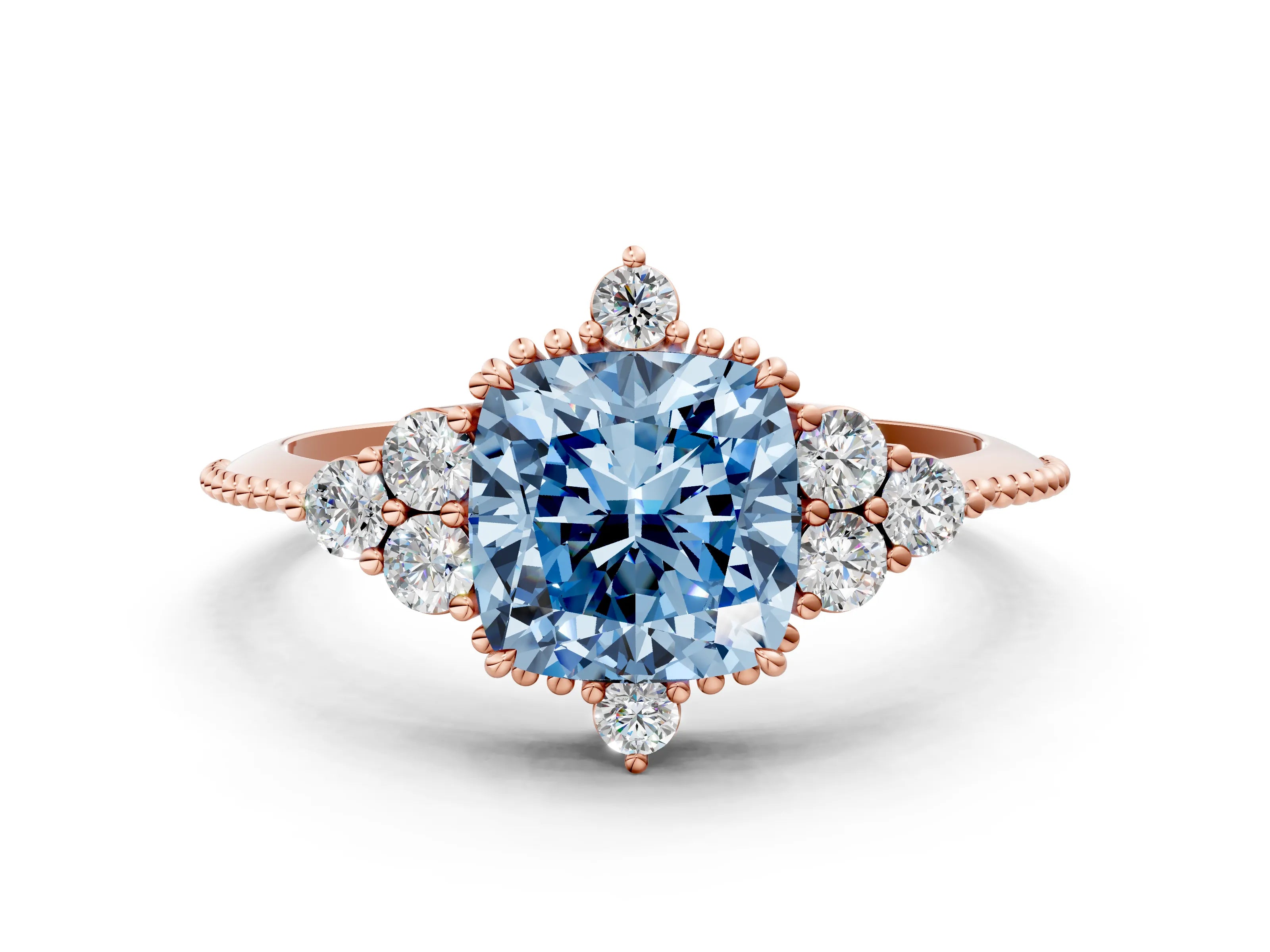 Rose gold Fancy Blue Cushion Cut Brilliant Diamond with Cluster Setting on a Beaded Band and Four-Prong Setting