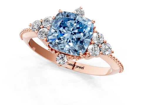 Rose gold Fancy Blue Cushion Cut Brilliant Diamond with Cluster Setting on a Beaded Band and Four-Prong Setting_1
