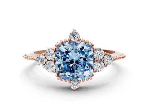 Rose gold Fancy Blue Cushion Cut Brilliant Diamond with Cluster Setting on a Beaded Band and Four-Prong Setting