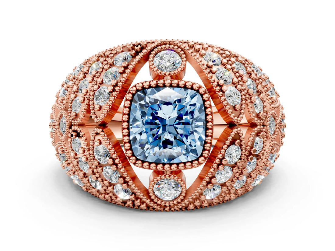 Rose gold Fancy Blue Cushion Cut Brilliant Halo Pave Diamond Milgrain Ring