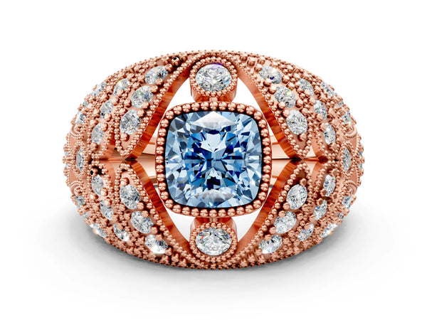 Rose gold Fancy Blue Cushion Cut Brilliant Halo Pave Diamond Milgrain Ring