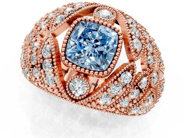 Rose gold Fancy Blue Cushion Cut Brilliant Halo Pave Diamond Milgrain Ring