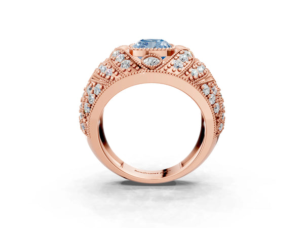 Rose gold Fancy Blue Cushion Cut Brilliant Halo Pave Diamond Milgrain Ring