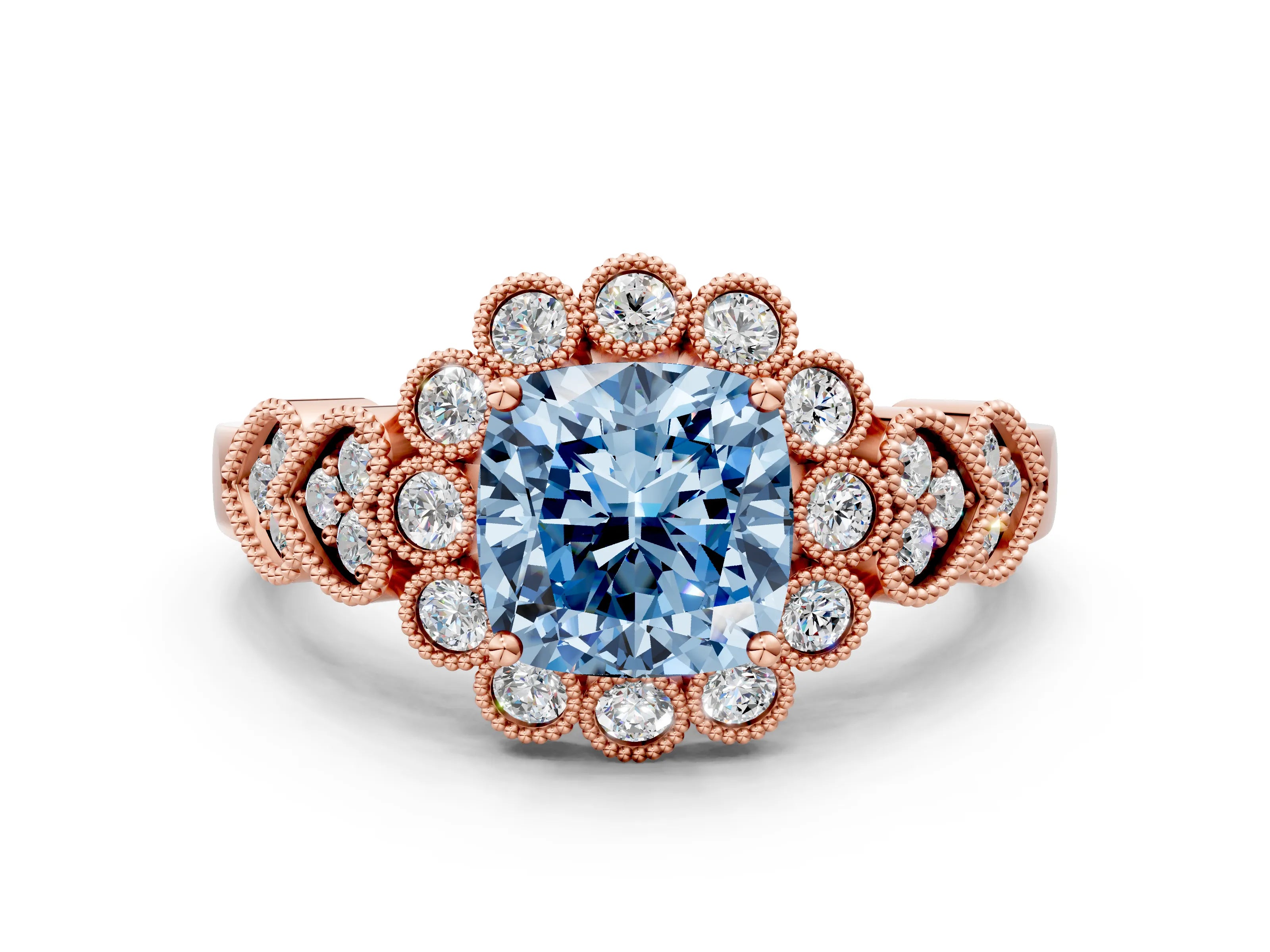 Rose gold Fancy Blue Cushion Cut Brilliant Milgrain Pave Heart Band Solitaire Ring