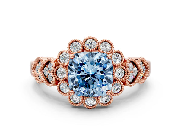 Rose gold Fancy Blue Cushion Cut Brilliant Milgrain Pave Heart Band Solitaire Ring