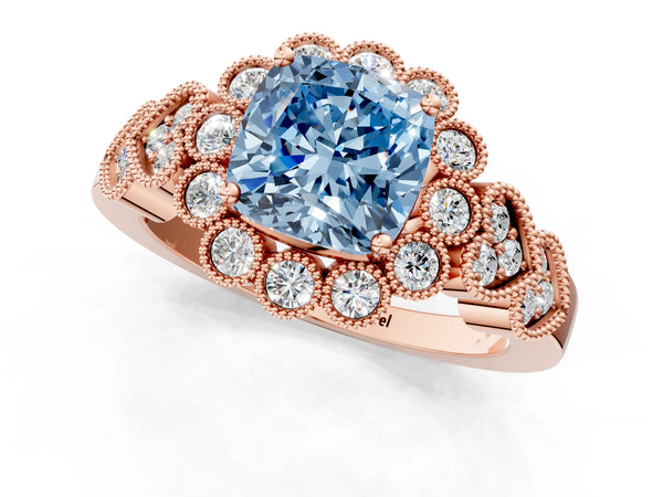 Rose gold Fancy Blue Cushion Cut Brilliant Milgrain Pave Heart Band Solitaire Ring