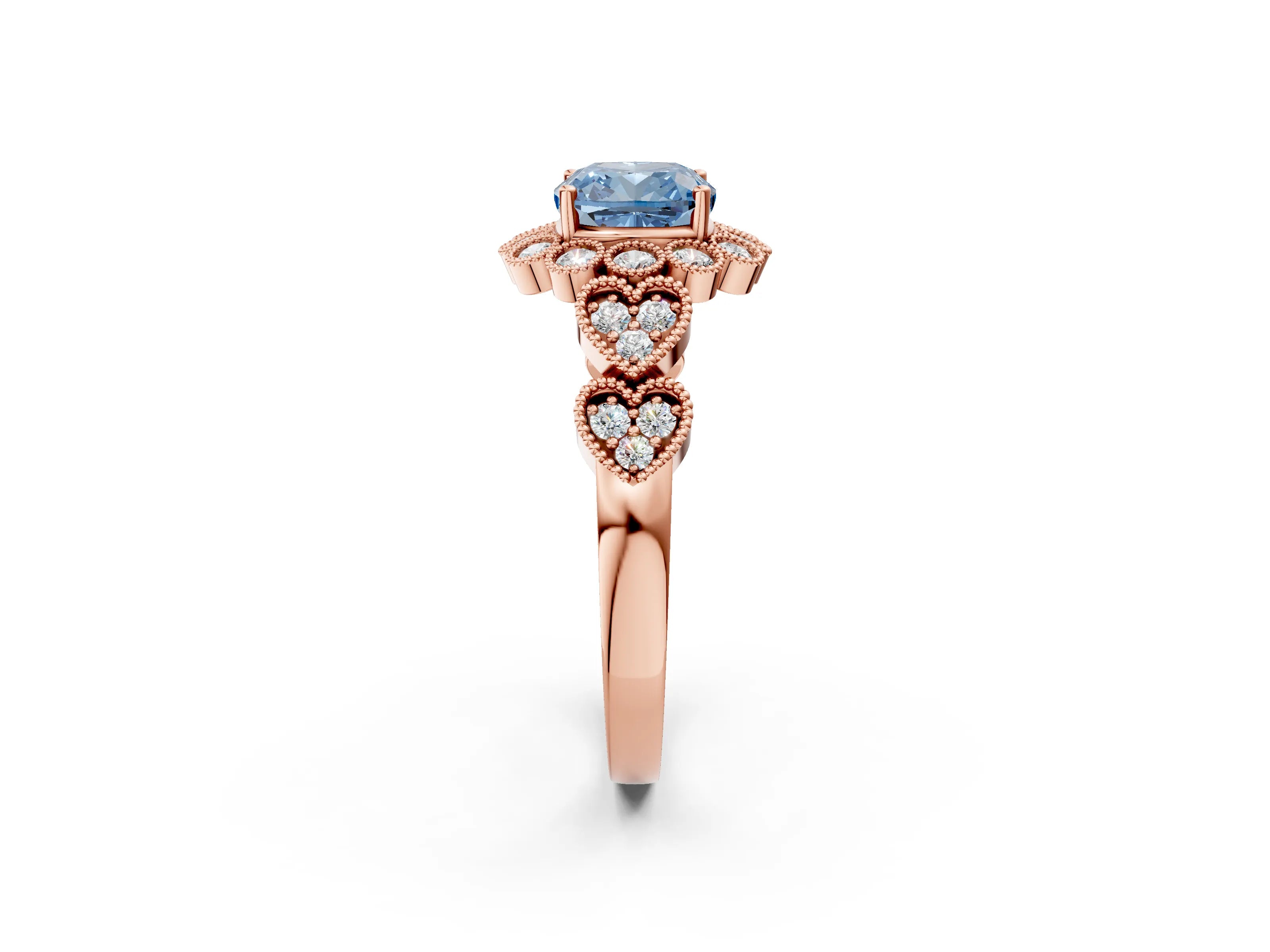 Rose gold Fancy Blue Cushion Cut Brilliant Milgrain Pave Heart Band Solitaire Ring_2
