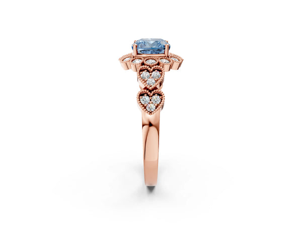 Rose gold Fancy Blue Cushion Cut Brilliant Milgrain Pave Heart Band Solitaire Ring