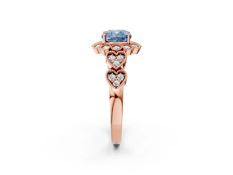 Rose gold Fancy Blue Cushion Cut Brilliant Milgrain Pave Heart Band Solitaire Ring_2