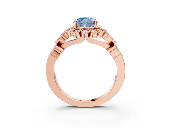 Rose gold Fancy Blue Cushion Cut Brilliant Milgrain Pave Heart Band Solitaire Ring