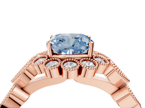Rose gold Fancy Blue Cushion Cut Brilliant Milgrain Pave Heart Band Solitaire Ring_4