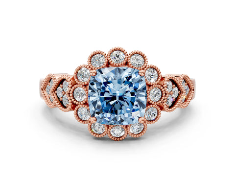 Rose gold Fancy Blue Cushion Cut Brilliant Milgrain Pave Heart Band Solitaire Ring