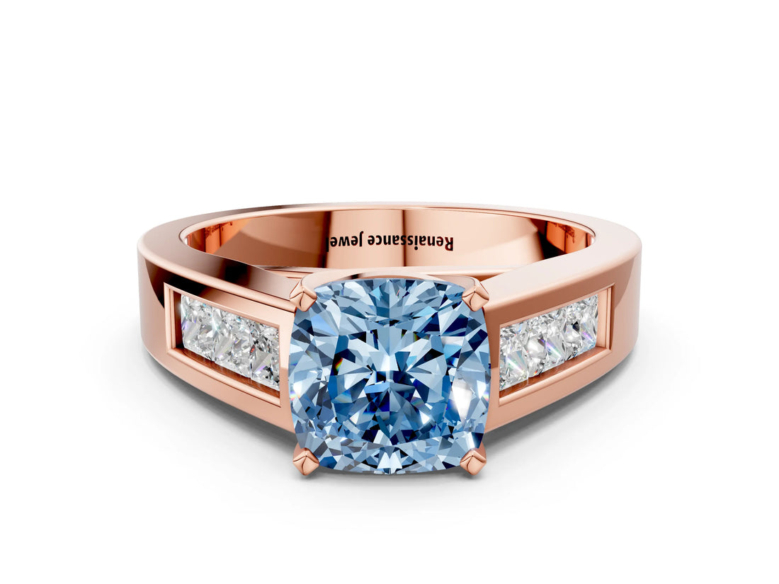 Rose gold Fancy Blue Cushion Cut Cut Channel Set Solitaire Ring with Four-Prong Setting