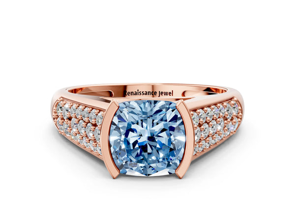 Rose gold Fancy Blue Cushion Cut Diamond Channel Set Pave Band with Tension Prong Setting