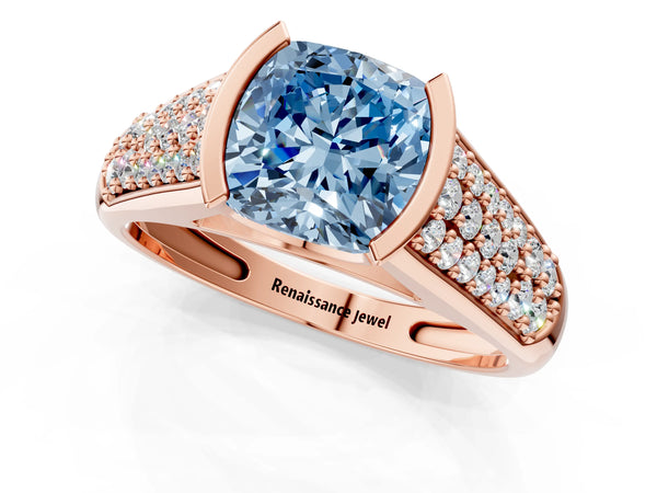 Rose gold Fancy Blue Cushion Cut Diamond Channel Set Pave Band with Tension Prong Setting