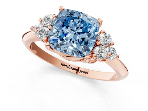 Rose gold Fancy Blue Cushion Cut Cut Diamond Cluster Ring with Solitaire Band and Four-Prong Setting_13