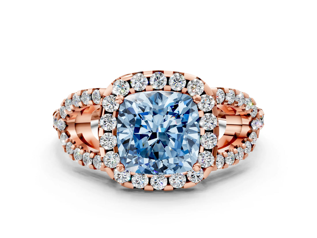 Rose gold Fancy Blue Cushion Cut Cut Diamond Halo Engagement Ring with Open Split Pavé Band