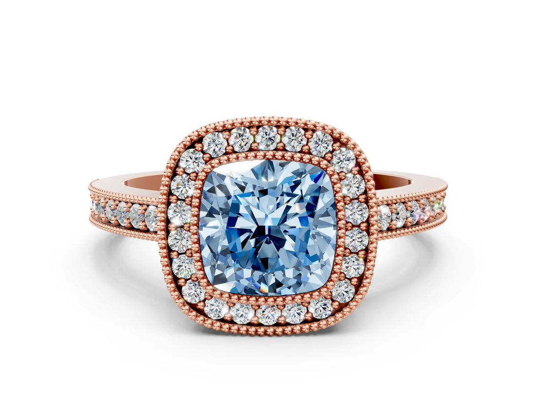 Rose gold Fancy Blue Cushion Cut-Cut Diamond Halo Engagement Ring with Pave Band and Prong Setting